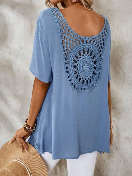 

Women's Half Sleeve Blouse Summer Plain Lace Edge Crew Neck Daily Going Out Simple Top Blue, Blouses