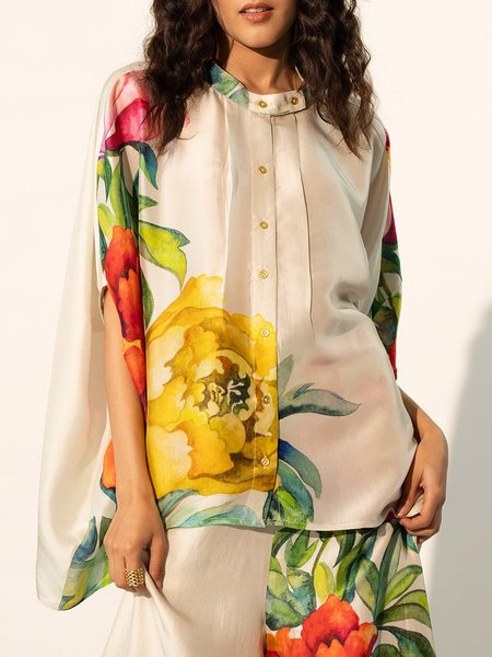 

Floral Elegant Loose Stand Collar Shirt, As picture, Blouses and Shirts