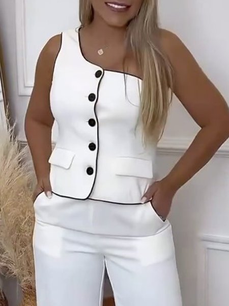 One Shoulder Urban Color Block Regular Fit Vest, White, Vests and Gilets
