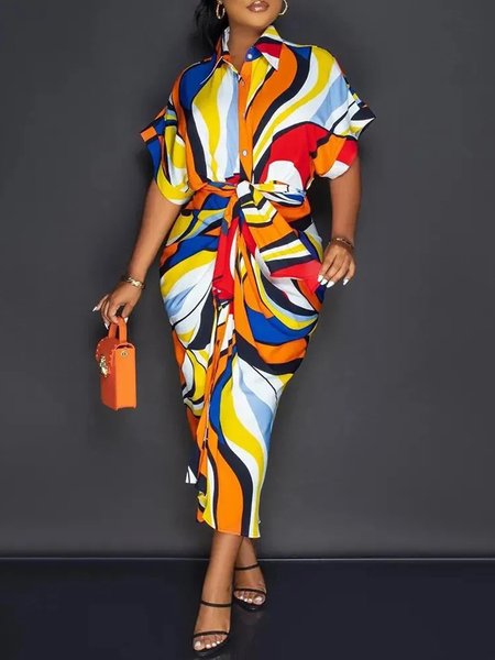 

Urban Abstract Shirt Dress With Belt, As picture, Midi Dresses