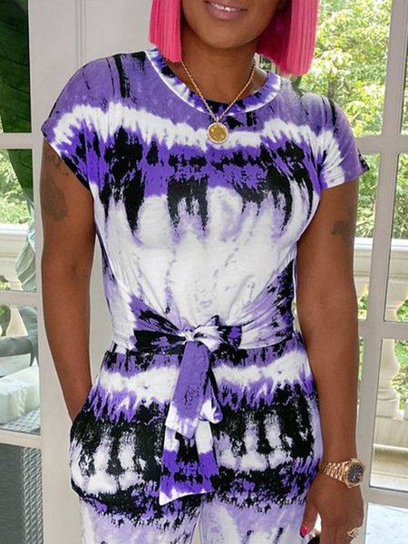 

Crew Neck Casual Tie-Dye Pattern Regular Fit T-Shirt, Purple, Tees