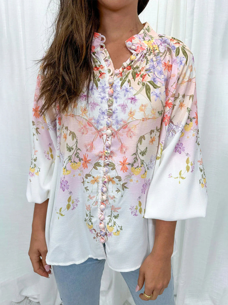 

Women's Half Sleeve Blouse Summer Floral Buckle Stand Collar Daily Going Out Casual Top White, Blouses