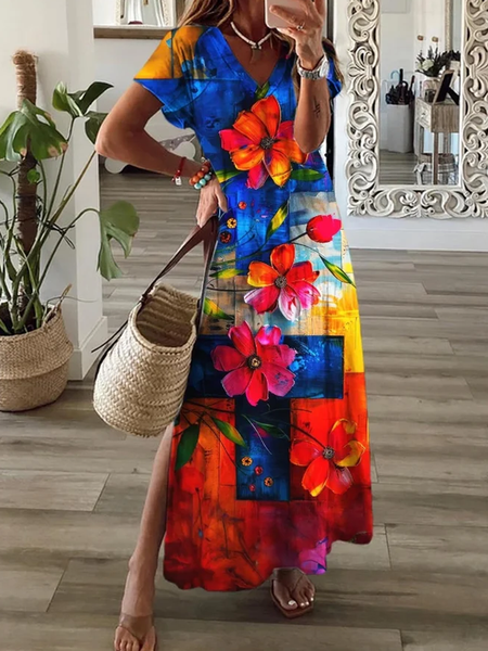

Women Floral V Neck Short Sleeve Comfy Casual Buckle Maxi Dress, Multicolor, Dresses
