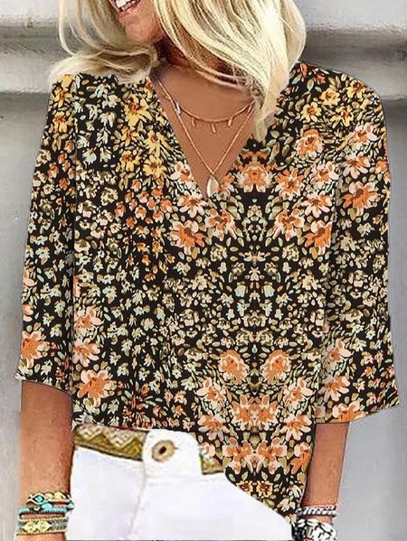 

Women's Three Quarter Sleeve Blouse Spring/Fall Floral V Neck Daily Going Out Casual Top Khaki, Blouses