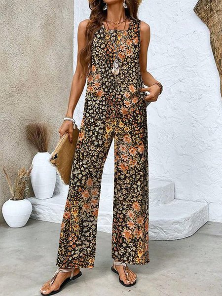 

Women Ditsy Floral Square Neck Sleeveless Comfy Casual Top With Pants Two-Piece Set, Brown, Sets
