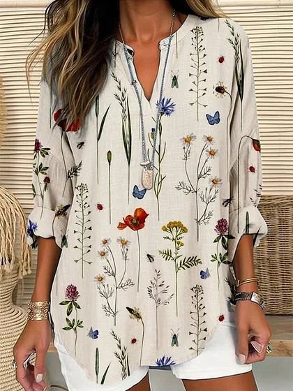 

Notched Long Sleeve Floral Regular Loose Blouse For Women, Multicolor, Blouses