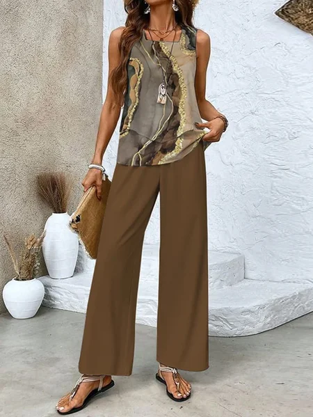 

Women's Abstract Daily Going Out Two Piece Set Sleeveless Casual Summer Top With Pants Matching Set Brown, Suit Set