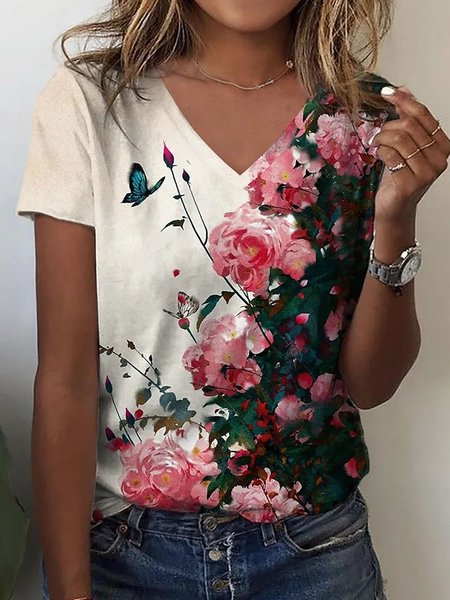 

Floral Casual V Neck T-Shirt, Red, T-shirts