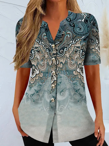 

Short Sleeve Ethnic Regular Micro-Elasticity Loose Shirt For Women, Blue, Shirts