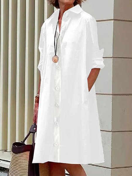 

Women Plain Shirt Collar Long Sleeve Comfy Casual Buckle Midi Dress, White, Midi