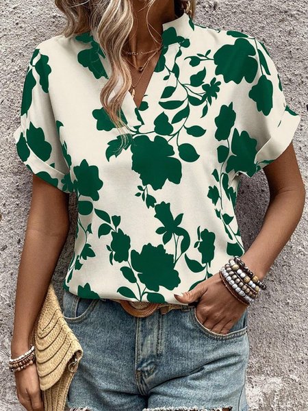 

V Neck Loose Casual Blouse, Green, Blouses & Shirts