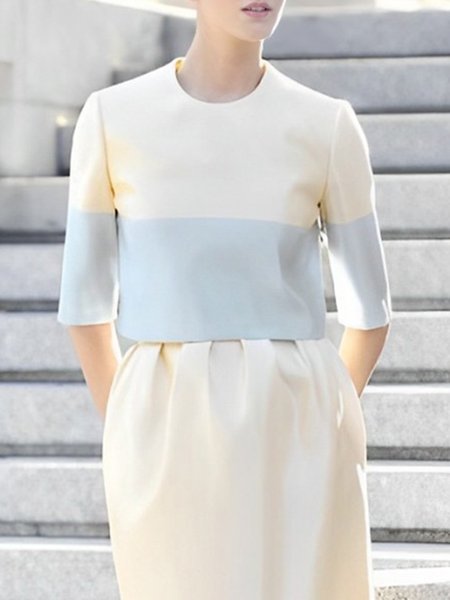 

Color Block Crew Neck Elegant Regular Fit Blouse, As picture, Blouses and Shirts