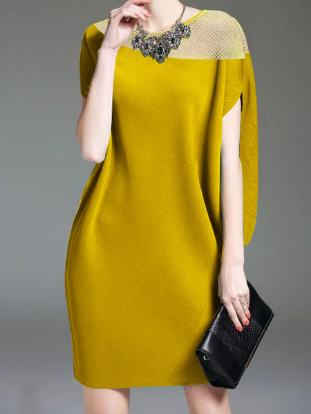 Plus Size Loose Crew Neck Short Sleeve Elegant Plain Mini Dress, Yellow, Plus Dresses