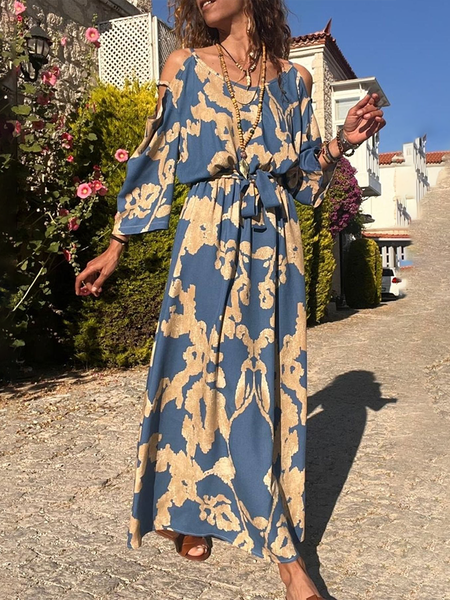 

Women's Long Sleeve Spring/Fall Floral Dress Crew Neck Daily Going Out Casual Maxi A-Line Blue, Dresses