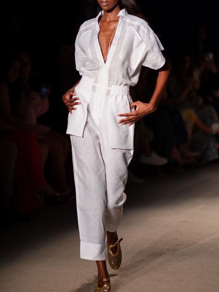 

V Neck Plain Pocket Casual Jumpsuit, White, Jumpsuits
