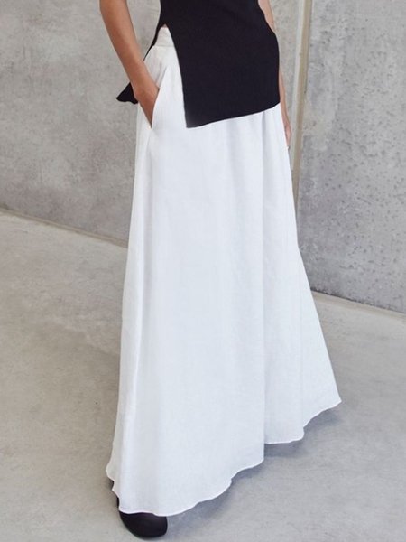 Daily Casual High Waist Pockets Plain Skirt, White, Skirts