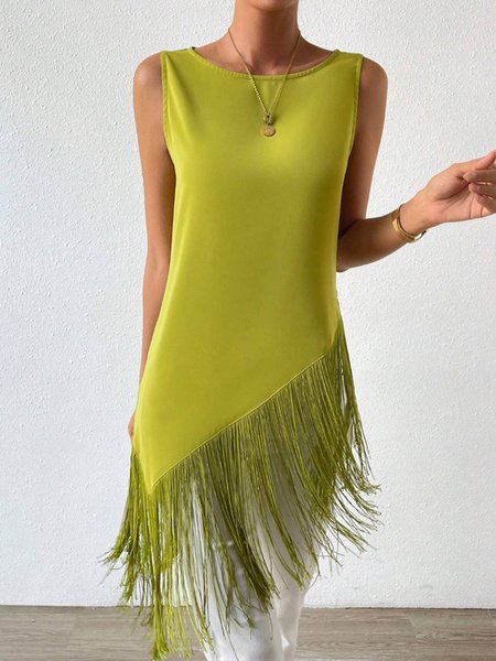 

Plus Size Plain Crew Neck Daily Tassel Tank Top, Green, Plus Tops