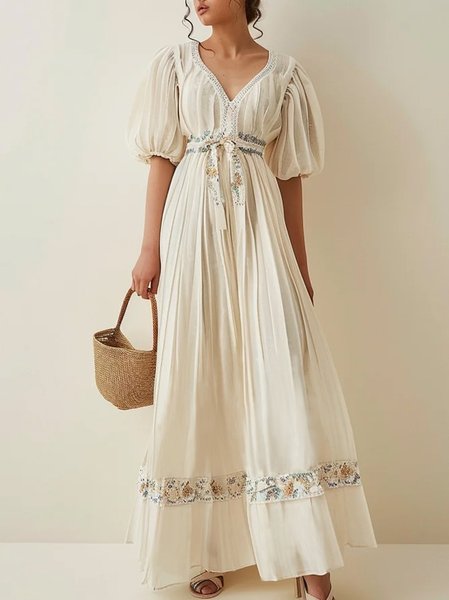 

Women's Short Sleeve Summer Floral Cotton And Linen Dress V Neck Wedding Going Out Linen Maxi X-Line Babydoll Dress As Picture, Dresses