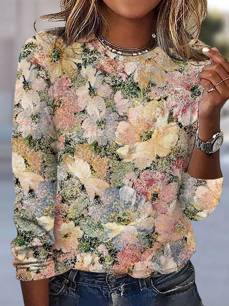 

Casual Floral Crew Neck Long Sleeve T-shirt, Khaki, T-shirts