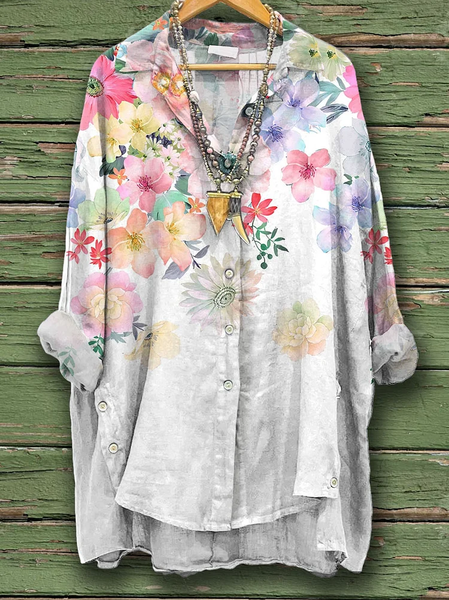 

Floral Shawl Collar Loose Vacation Shirt, As picture, Blouses & Shirts