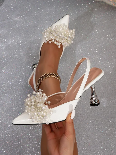 

Elegant White Imitation Pearl Pyramid Heeled Slingback Pumps, Heels