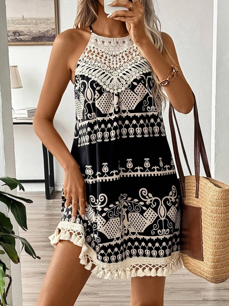 

Women's Sleeveless Summer Ethnic Tassel Dress Crew Neck Daily Going Out Casual Mini A-Line Tank Black, Dresses