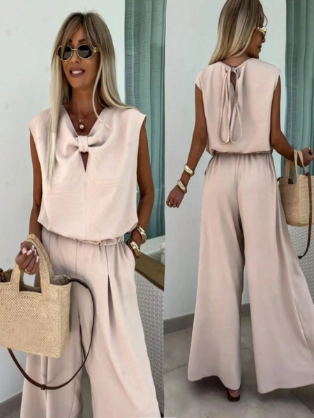 

Women's Bow Plain Daily Going Out Two Piece Set Sleeveless Casual Summer Top With Pants Matching Set Light Khaki, Suit Set