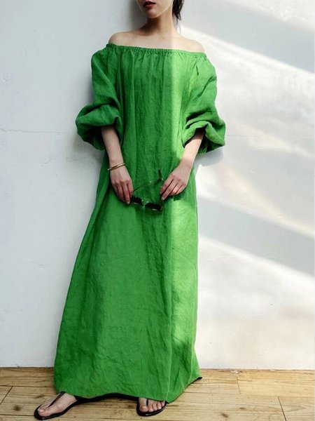 

Plus Size Off The Shoulder Loose Plain Casual Dress, Green, Plus Dresses