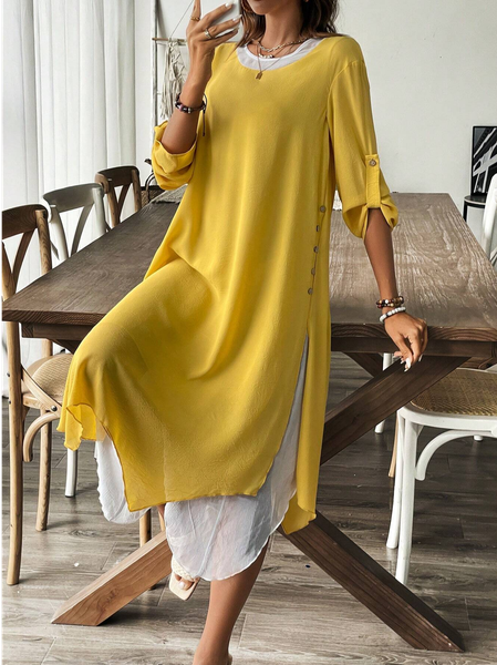 

Women's Long Sleeve Spring/Fall Plain Asymmetric Dress Crew Neck Daily Going Out Casual Maxi A-Line Yellow, Dresses