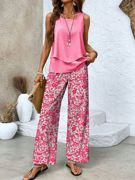 

Women Ditsy Floral Square Neck Sleeveless Comfy Casual Top With Pants Two-Piece Set, Pink, Sets