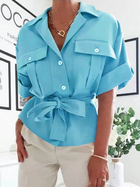 

Shawl Collar Loose Pocket Stitching Urban Shirt, Light blue, Blouses and Shirts