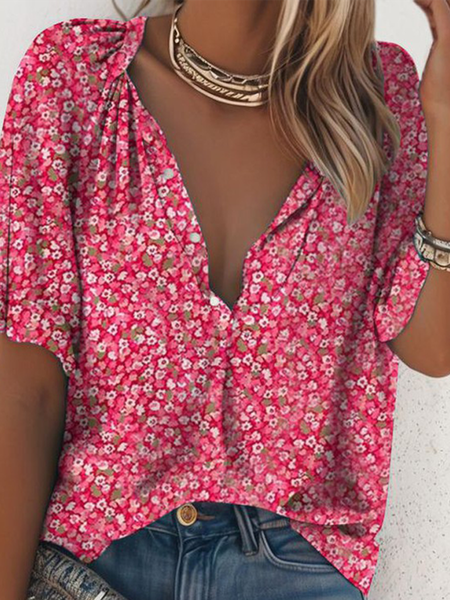 

Women's Half Sleeve Blouse Summer Ditsy Floral V Neck Daily Going Out Casual Top Pink, Blouses