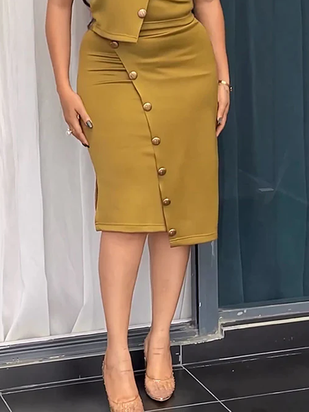 

Medium Elasticity Urban Regular Fit Plain Midi Skirt, Yellow brown, Skirts