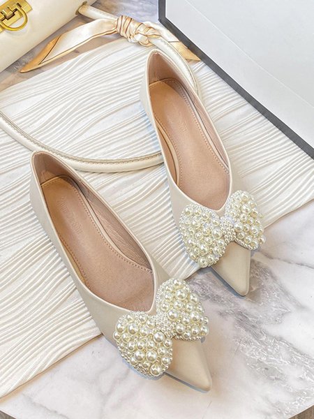 

Elegant Imitation Pearl Bow Decor Shallow Shoes, Apricot, Flats