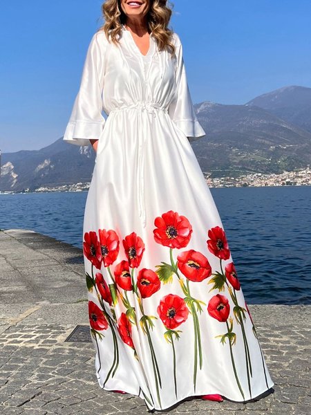 

V Neck Regular Fit Vacation Floral Maxi Dress, White, Maxi Dresses