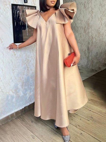 

V Neck Loosen Plain Pocket Stitching Elegant Maxi Dress, As picture, Maxi Dresses