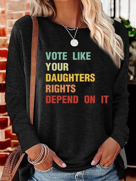 

Casual Text Letters Crew Neck Long Sleeve T-shirt, Black, T-shirts