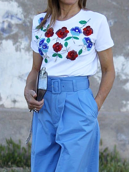 

Loose Medium Elasticity Crew Neck Short Sleeve Urban Floral T-Shirt, White, Tees