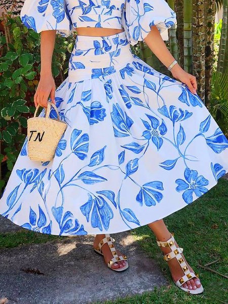 

Printing Vacation Floral Regular Fit Skirt, White-blue, Skirts