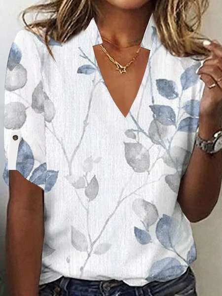 

Women's Half Sleeve Tee T-shirt Summer Leaf Buckle V Neck Casual Top, Blue, T-Shirts