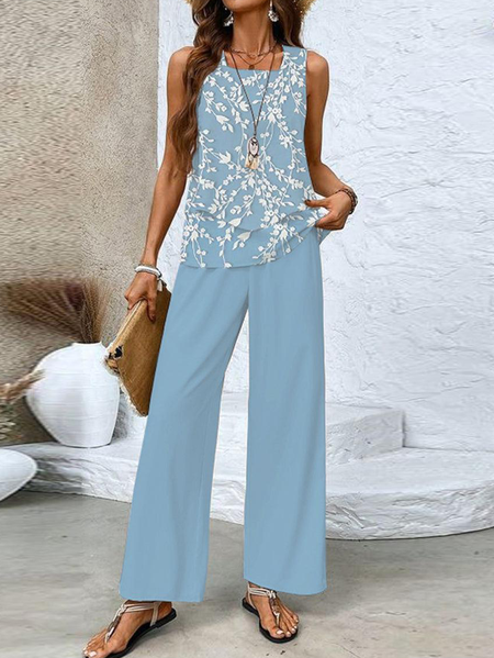 

Women Floral Square Neck Sleeveless Comfy Casual Top With Pants Two-Piece Set, Blue, Sets