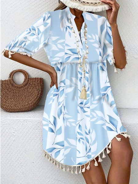 

Women Leaf V Neck Half Sleeve Comfy Casual Tassel Mini Dress, Light blue, Midi