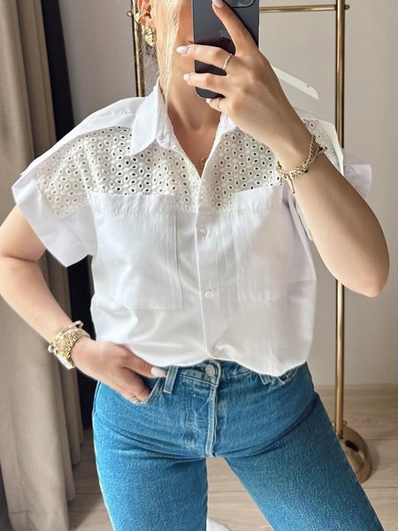 Plain Lace Short Sleeve Shirt Collar Shirt, White, Blouses and Shirts