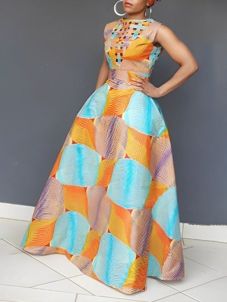 

Elegant Abstract Print Sleeveless Maxi Dress, As picture, Maxi Dresses
