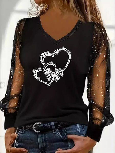 

Casual Heart/Cordate V Neck Long Sleeve T-shirt, Color2, T-shirts
