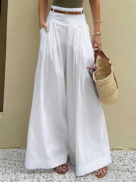 

Loose Plain Urban Long Pants Wide leg pants, White, Pants