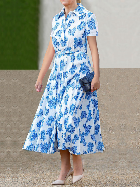 

Regular Fit Elegant Floral Shirt Collar Short Sleeve Midi Dress With Belt, Blue, Midi Dresses