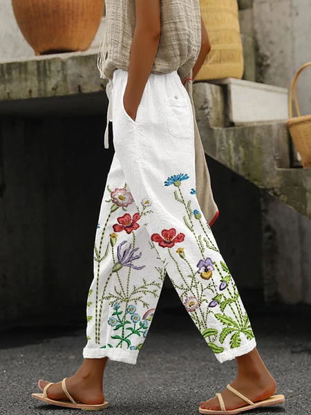 

Casual Floral Loose Pants, White, Pants