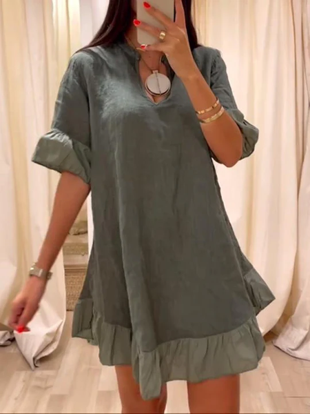 

Casual Loose Notched Cotton Dress With No, Gray, Mini Dresses