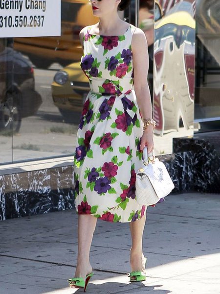 

Regular Fit Urban Floral Square Neck Dress, As picture, Midi Dresses
